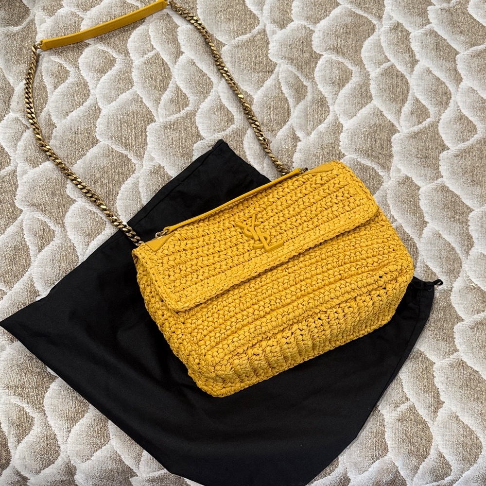 Saint Laurent Niki Crossbody 
Yellow Crocheted Raffia Shoulder Bag w/Gold Chain